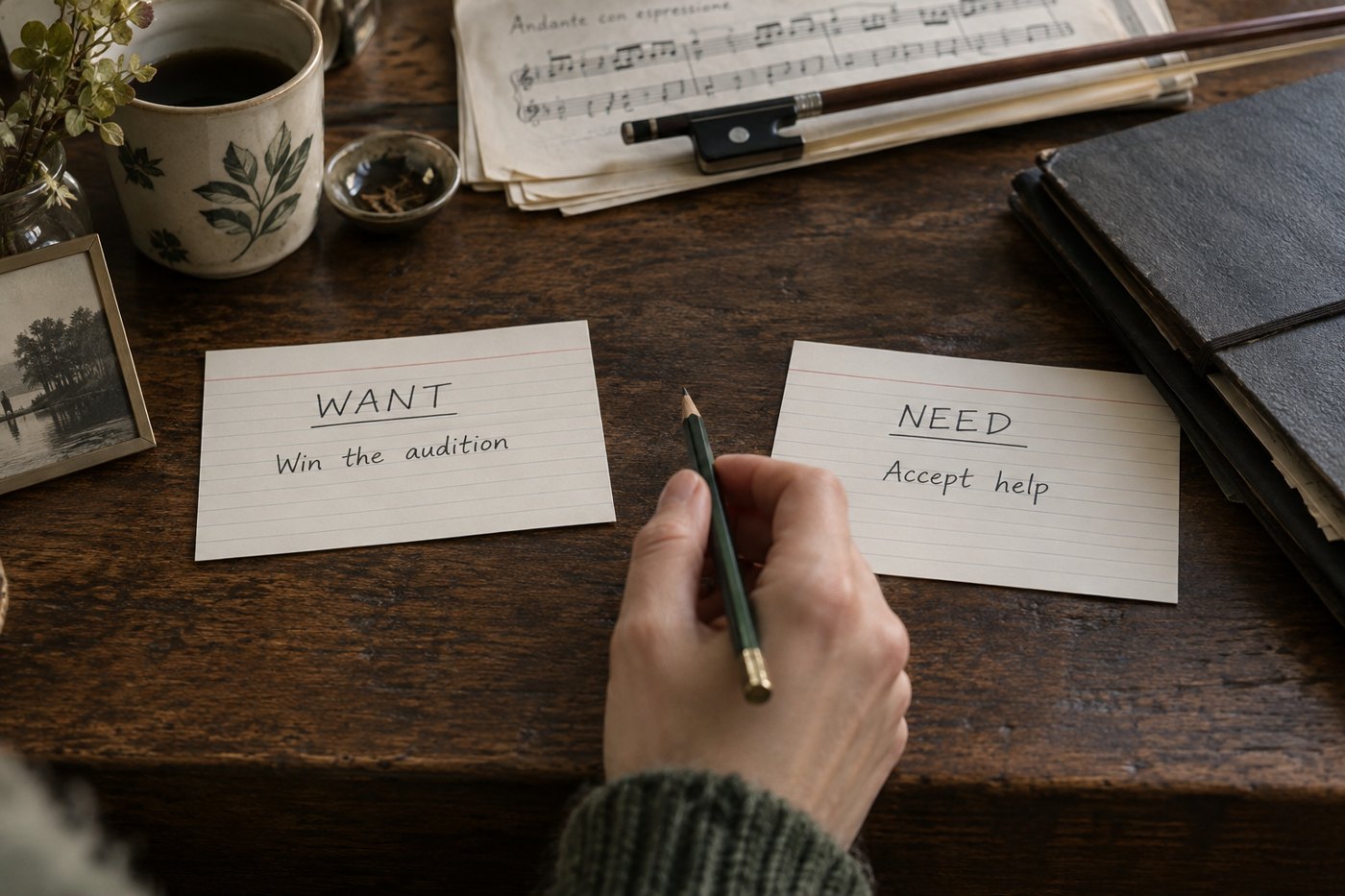 Two character-planning cards distinguish winning an audition from learning to accept help.