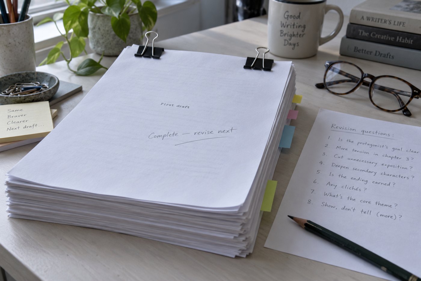 A clipped first-draft manuscript rests beside revision notes.