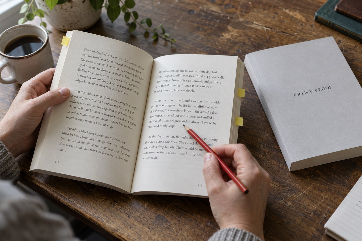 Bound paperback proof being checked with a red pencil and page tabs