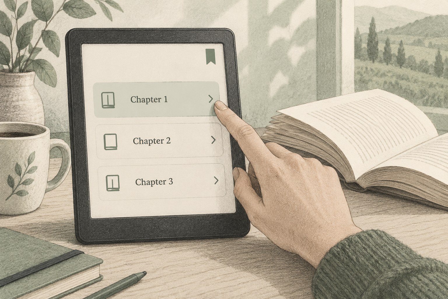Illustration of an e-reader with chapter navigation.