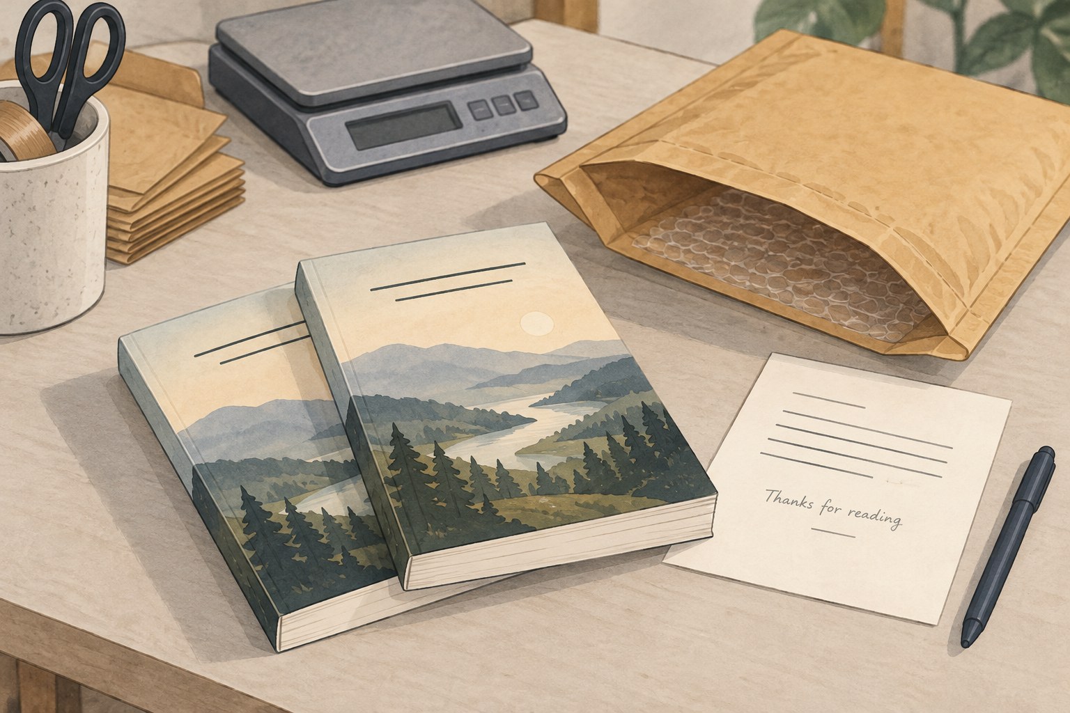 Illustration of review copies beside a padded mailer and accompanying note.