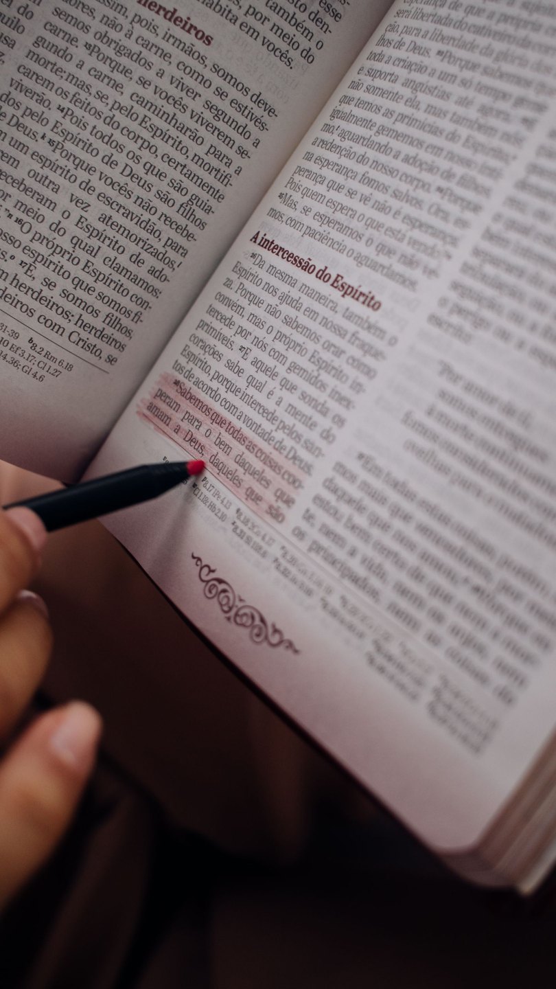 A pencil marking a passage in an open book.